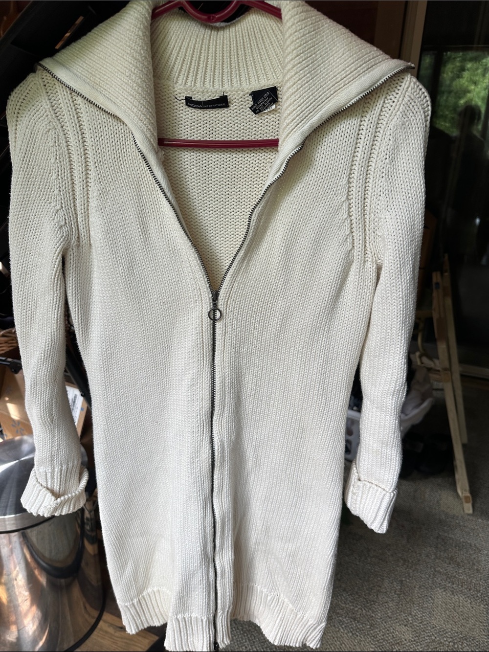 Moda International Cream Zip-Front Long Knit Cardigan